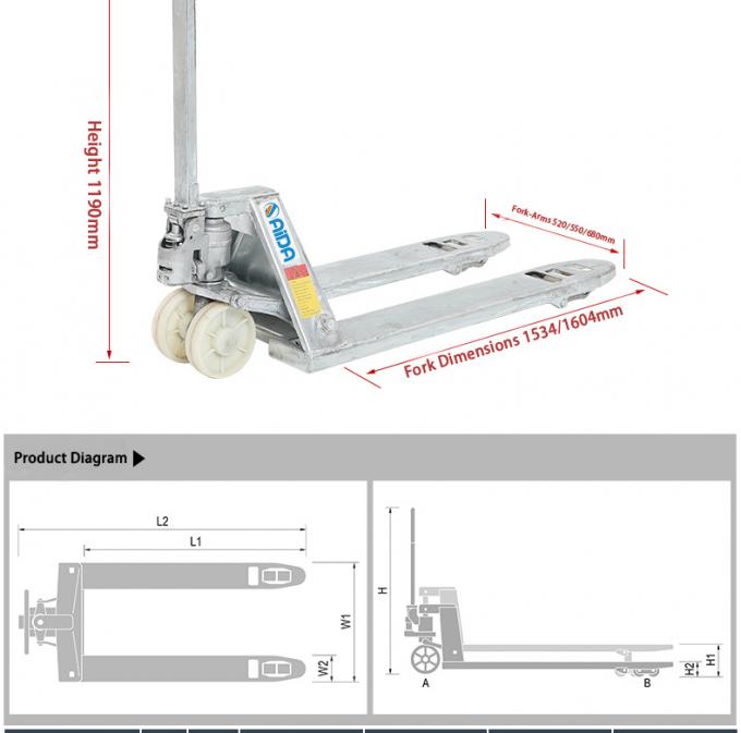 1T - 5T 로딩 용량으로 주문형 550mm 진열 스테인레스 스틸 수동 핸드 팔레트 트럭 1